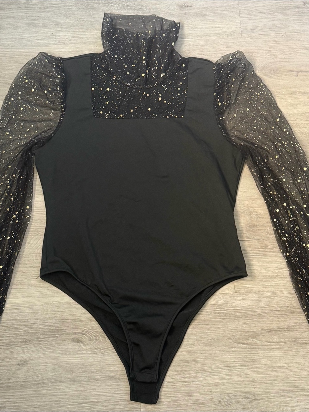 & Other Stories Black Bodysuit with Gold Speckle Mesh Sleeves